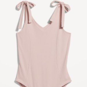 Tie-Shoulder V-Neck Rib-Knit Bodysuit for Women Size Small Abalone Pink NWT